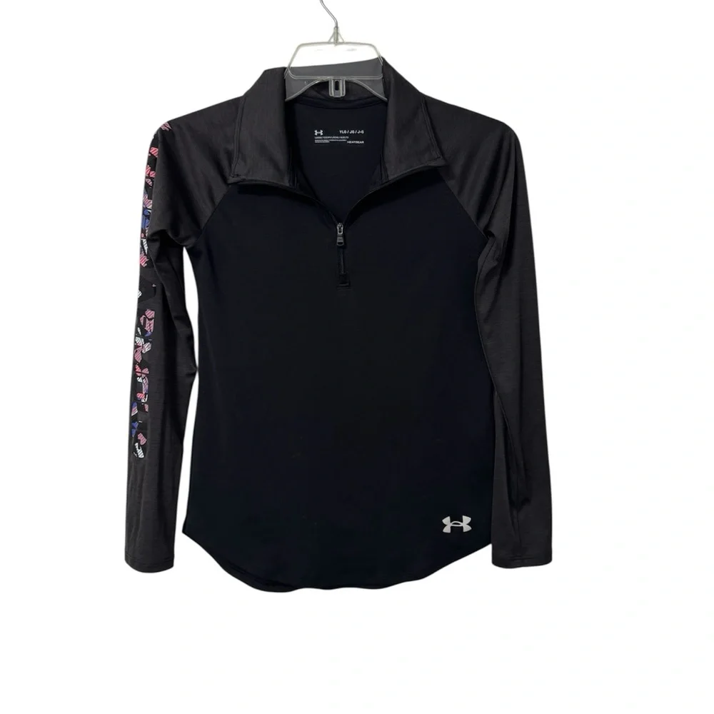 Under Armour Black Half-Zip Athletic Pullover with Floral Sleeve Detail Size L